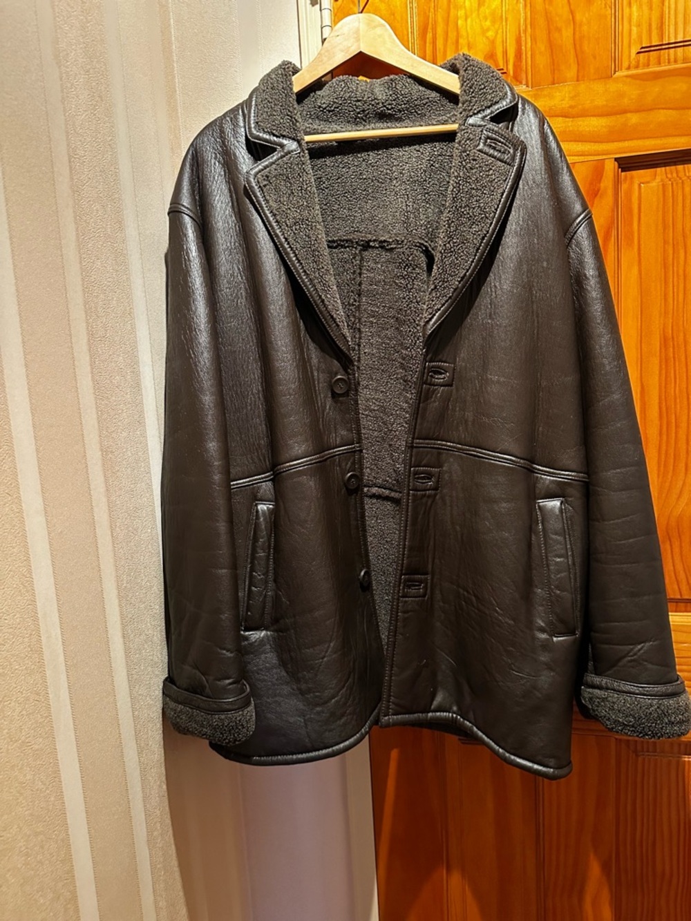 Shearling Lined Leather Peacoat Jacket – Oversized Brown Winter Coat